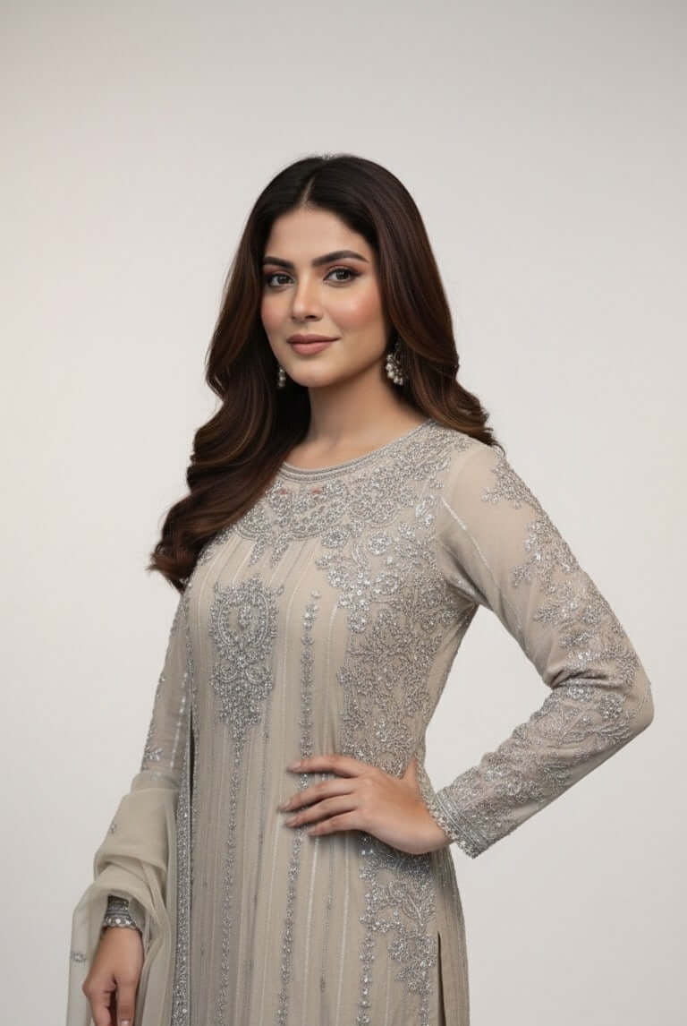 Pakistani women's beige silk straight shirt back view