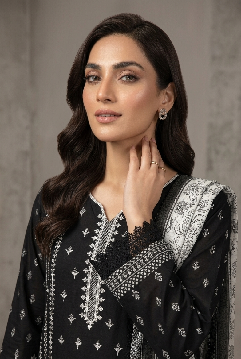 Black khaddar Pakistani women's A-Line shirt side view