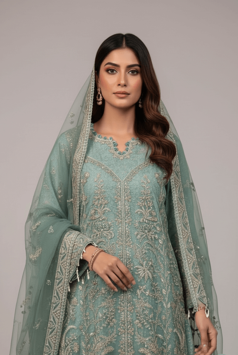 Ferozi organza Pakistani women's long frock side view