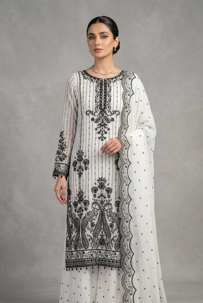 Soft chiffon straight shirt plazo white - Pakistani women's elegant formal wear with chiffon trouser and dupatta front view