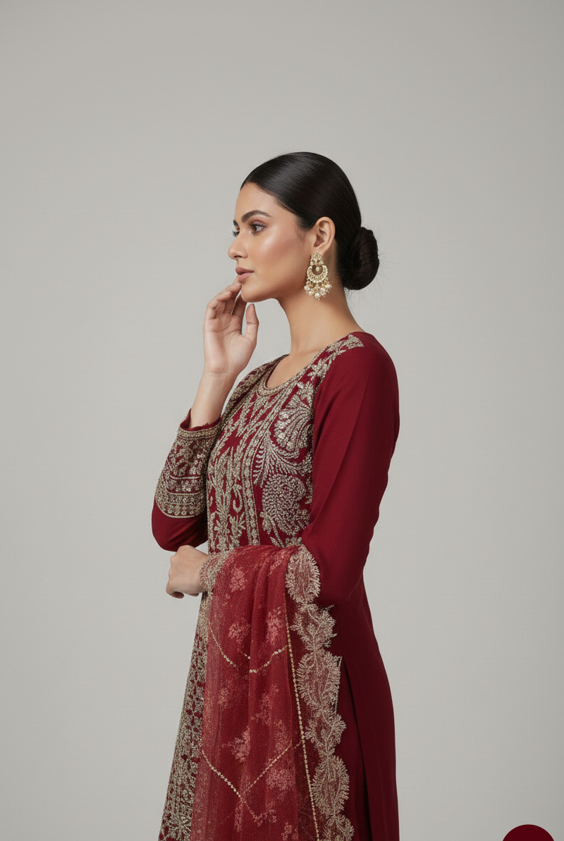 Pakistani women's maroon chiffon straight shirt crush plazo detail view