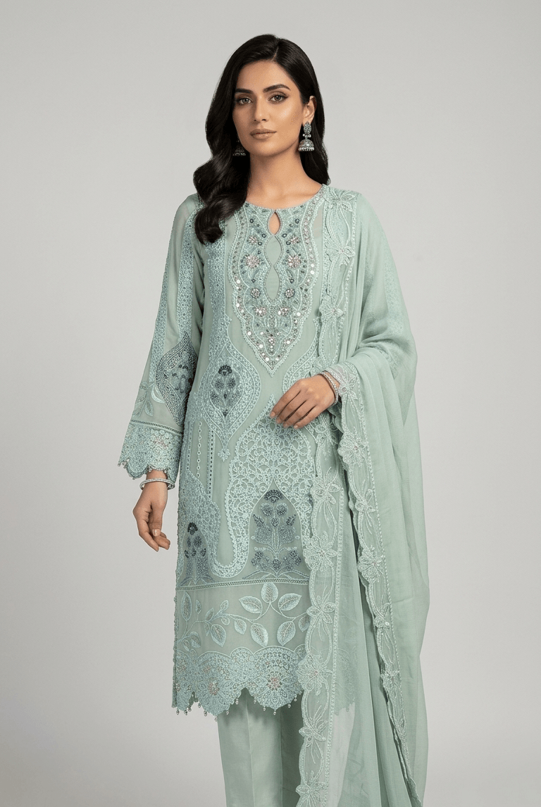 Chiffon straight shirt plazo PNW 6406 LITE GREEN - Pakistani women's party wear with grip plazo and chiffon dupatta front view