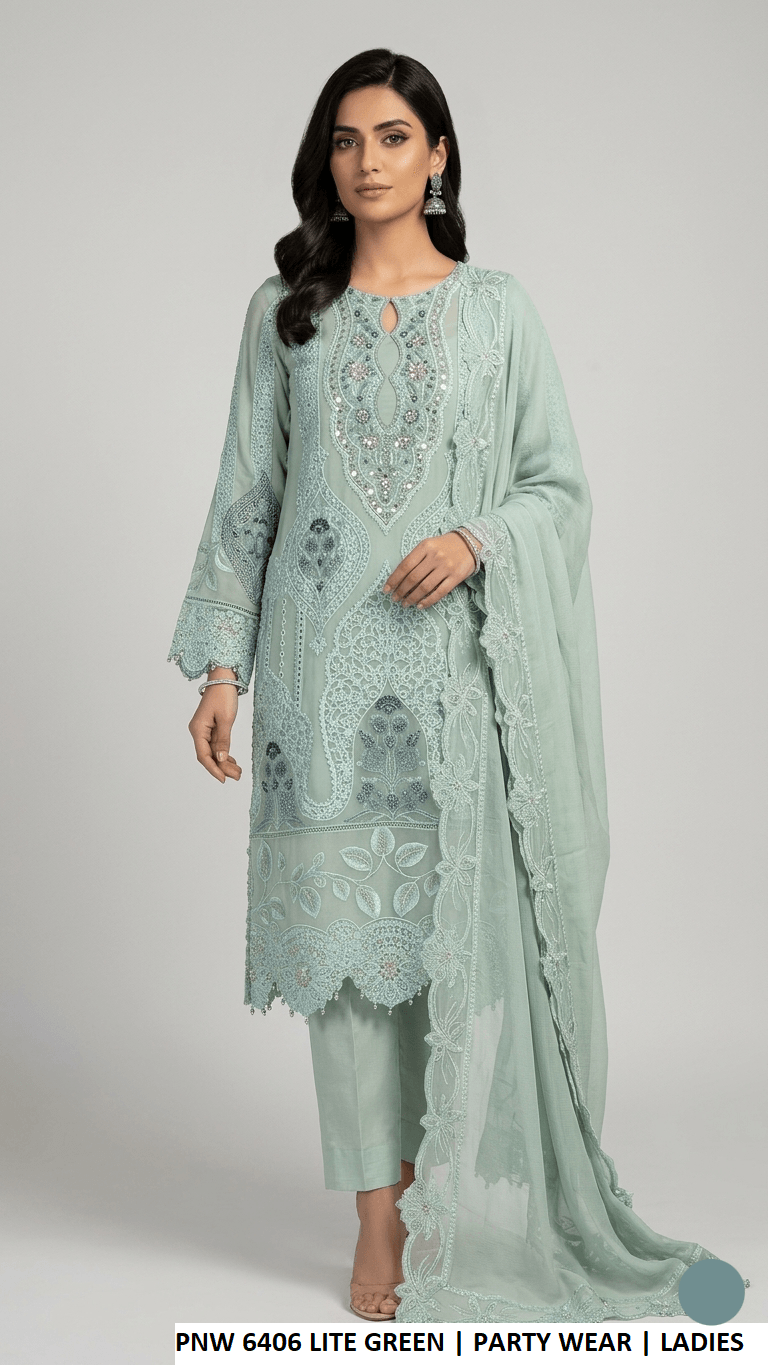 PNW 6406 LITE GREEN elegant luxury party wear dress for women by Amir Boutique Pakistan.