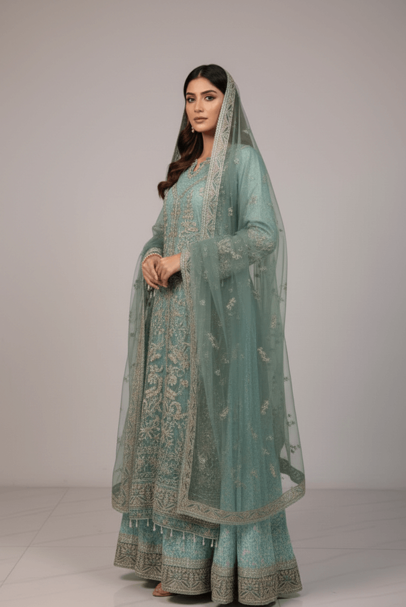 Pakistani women's ferozi organza long frock back view