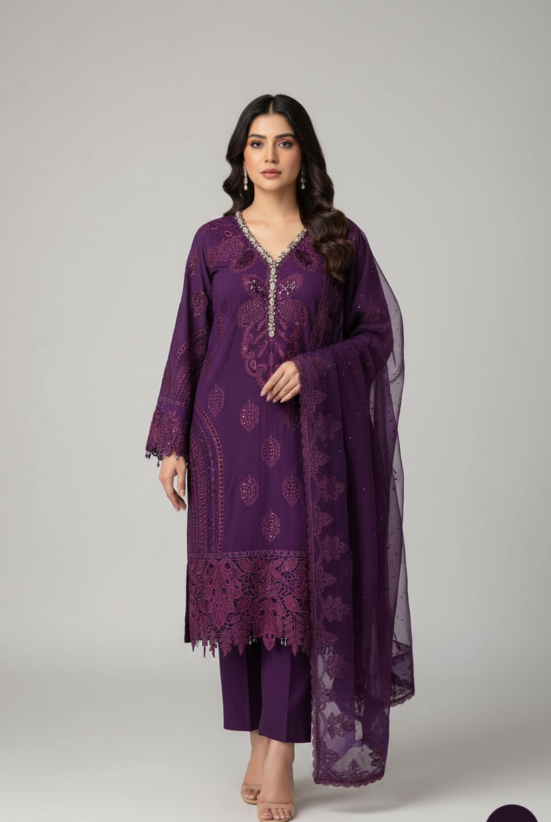 Chiffon straight shirt purple - Pakistani women's formal party wear with viscose trouser and chiffon dupatta front view