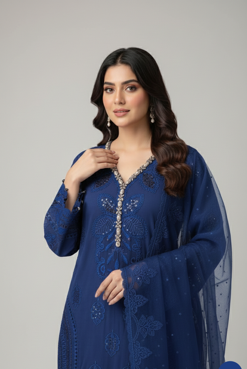 Royal blue chiffon Pakistani women's straight shirt side view