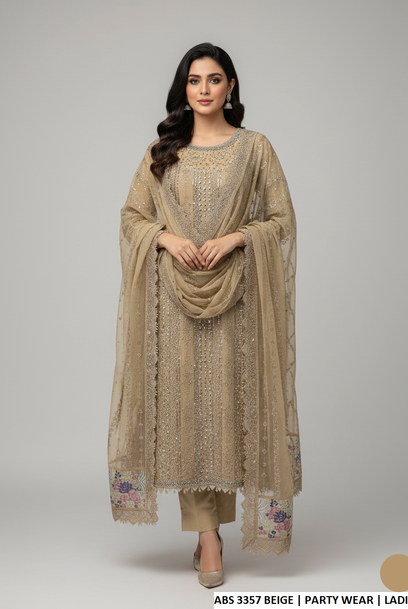 Chiffon straight shirt beige - Pakistani women's elegant formal wear with grip trouser and chiffon dupatta front view