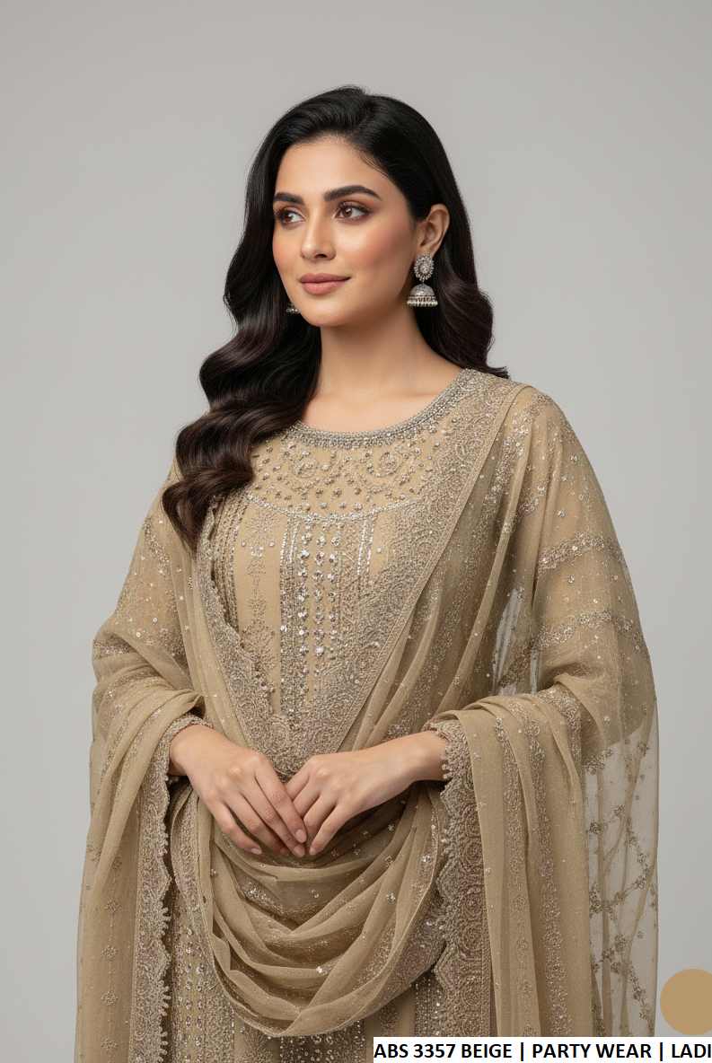 Beige chiffon Pakistani women's straight shirt side view