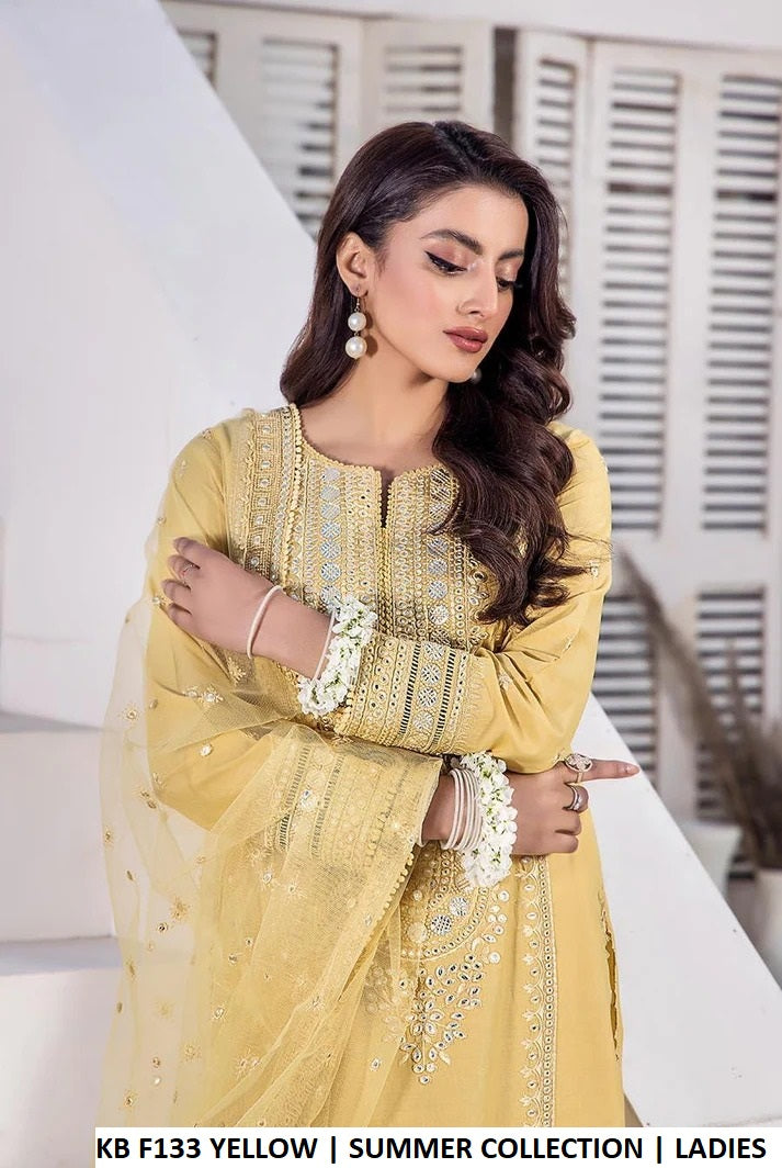 Pakistani women's yellow pure cotton embroidered outfit back view