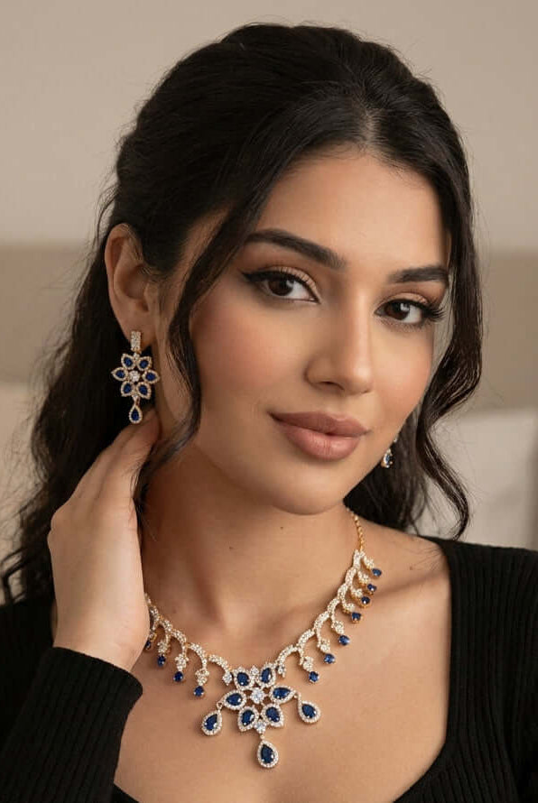 Royal sapphire drop necklace set 1 carat - Pakistani women's luxury formal jewelry with deep sapphire drop stones front view