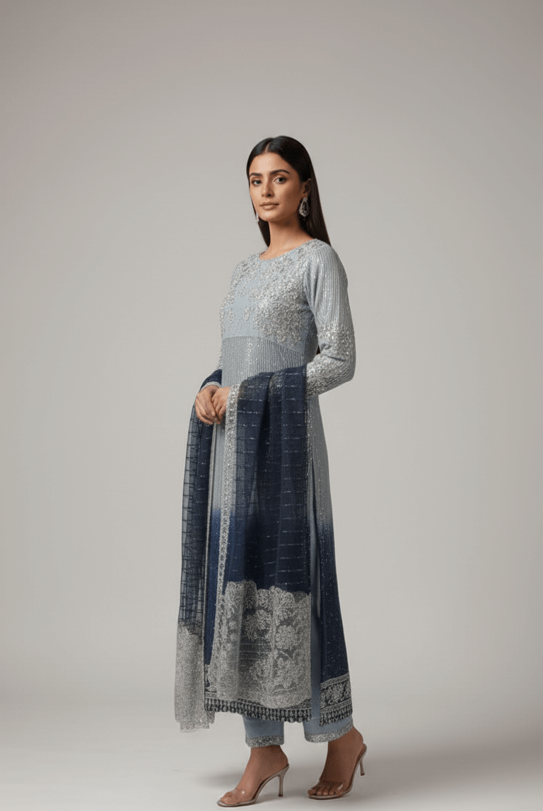 Pakistani women's light grey chiffon straight shirt plazo back view