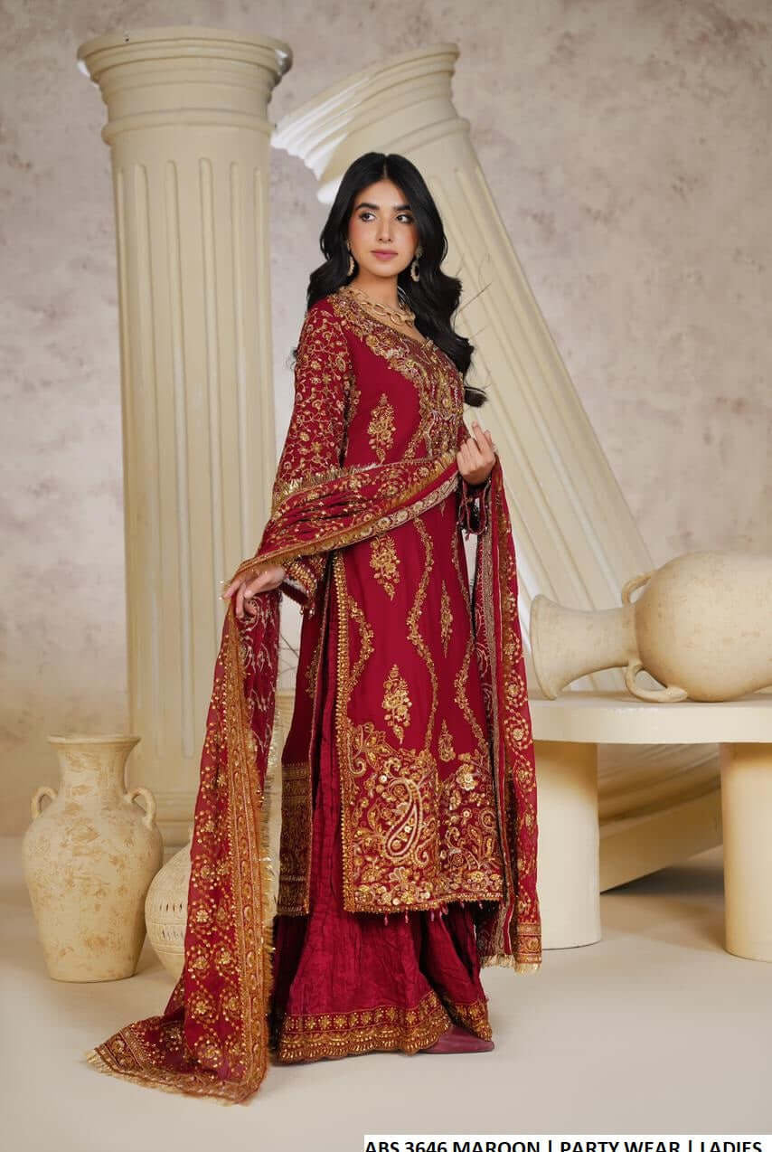 Pakistani women's maroon chiffon A-Line shirt sharara back view