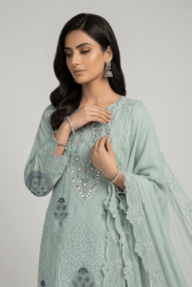 PNW 6406 LITE GREEN chiffon Pakistani women's straight shirt with plazo side view