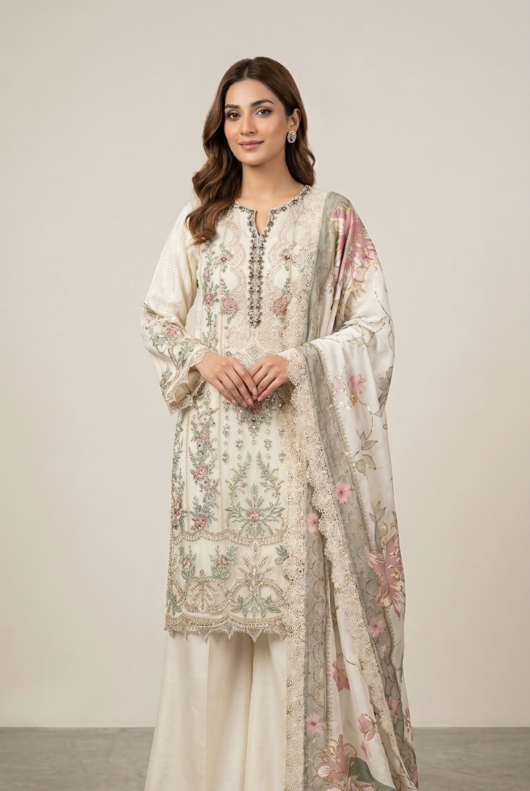 Chiffon straight shirt plazo ABL 4352 OFF WHT - Pakistani women's elegant party wear with grip plazo and digital print dupatta front view