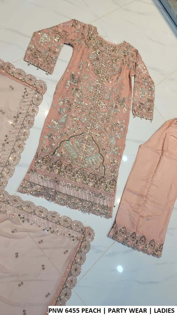 PNW 6455 PEACH luxury party wear dress for women, featuring a chiffon shirt and grip trousers by Amir Boutique Pakistan.