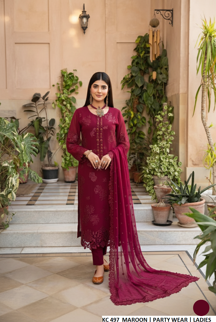 Silk long A-Line shirt plazo maroon - Pakistani women's luxury formal wear with silk dupatta front view