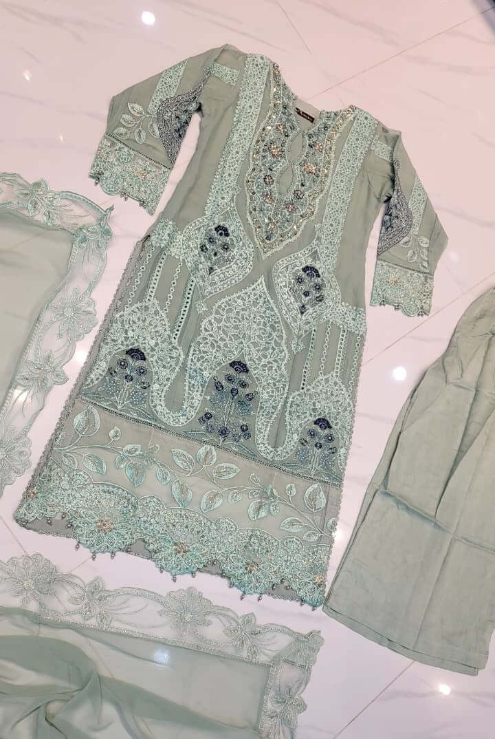 PNW 6406 LITE GREEN Pakistani women's chiffon party wear straight shirt plazo back view