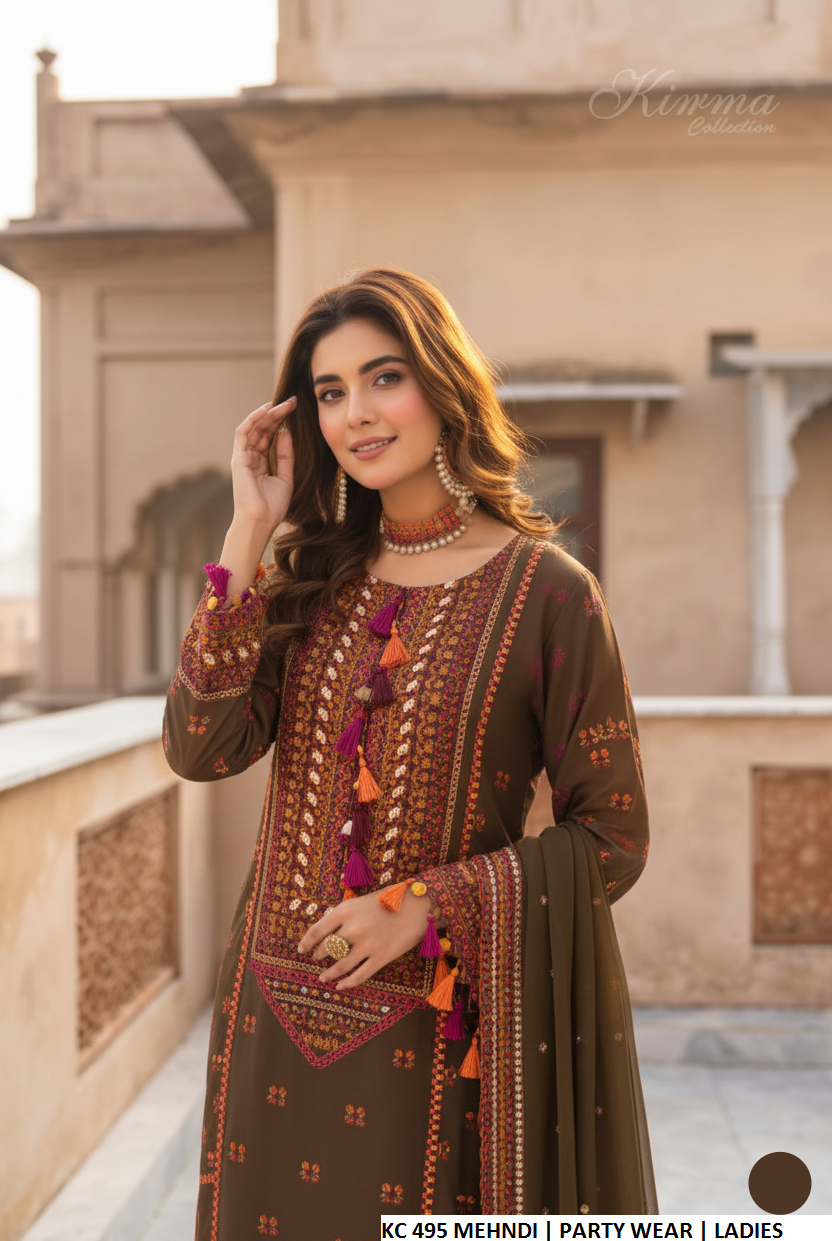 Mehndi green silk Pakistani women's long shirt with plazo side view
