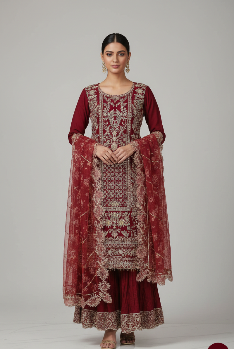 Chiffon straight shirt crush plazo maroon - Pakistani women's party wear with viscose crush plazo and organza dupatta front view