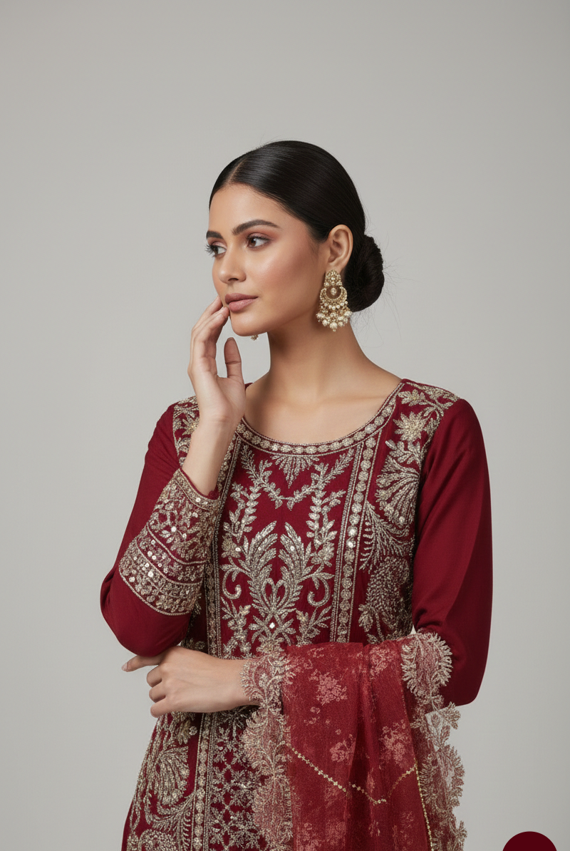 Maroon chiffon Pakistani women's straight shirt with crush plazo side view