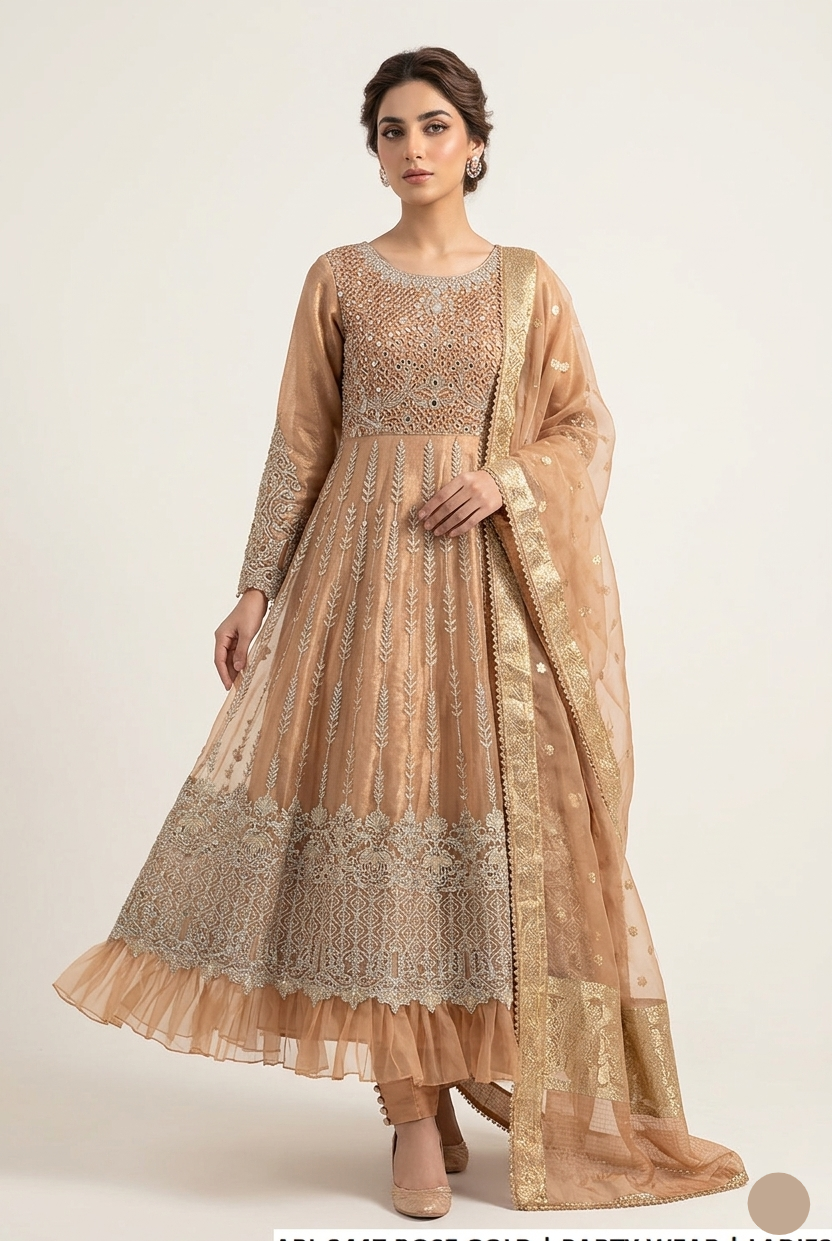 Soft net long frock rose gold - Pakistani women's luxury bridal formal wear with viscose trouser and organza dupatta front view