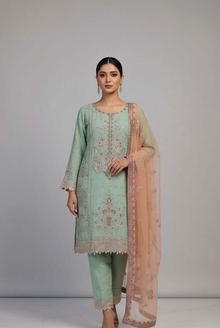 Chiffon straight shirt light green - Pakistani women's party wear with grip trouser and organza dupatta front view
