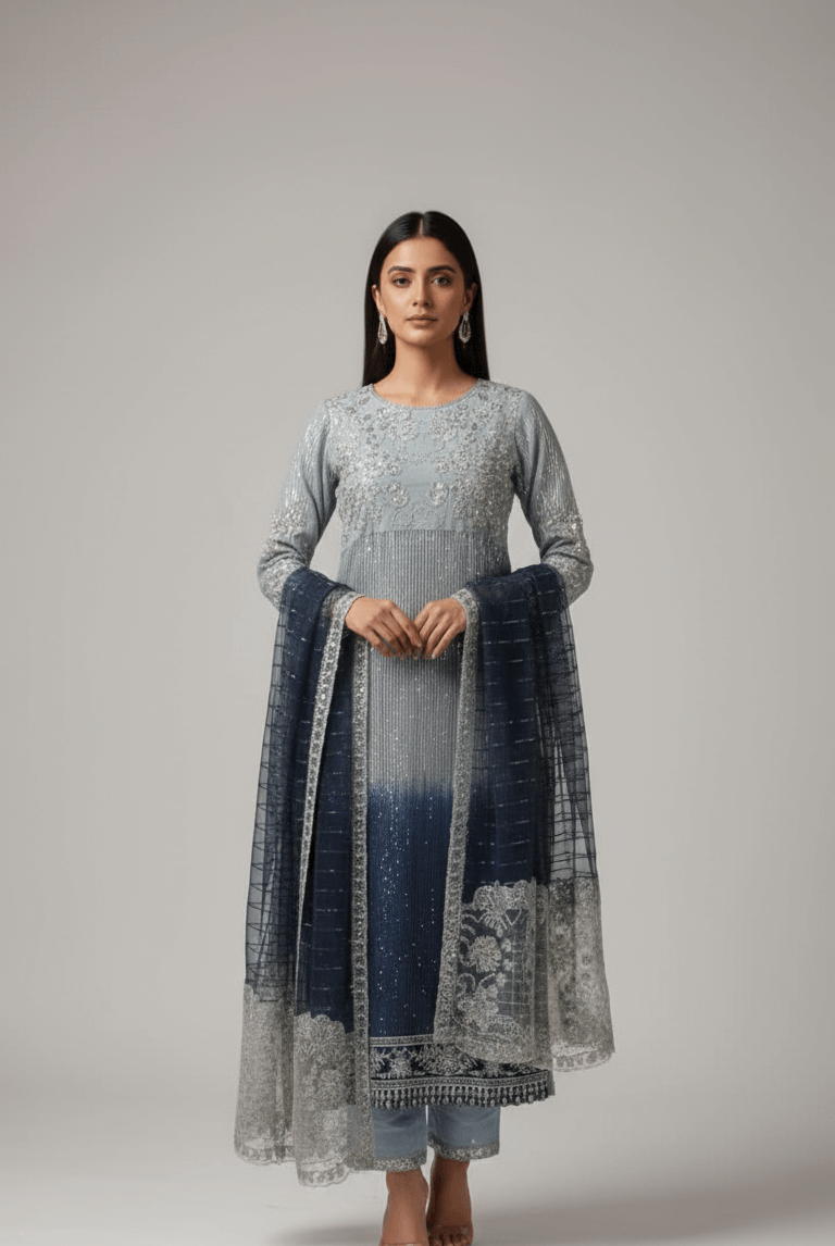 Chiffon straight shirt plazo light grey - Pakistani women's formal party wear with grip plazo and organza dupatta front view