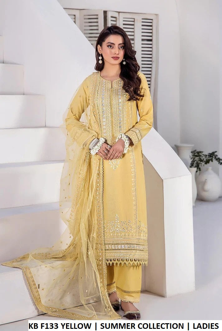 Pure cotton hand embroidered shirt yellow - Pakistani women's casual elegant outfit with net dupatta front view