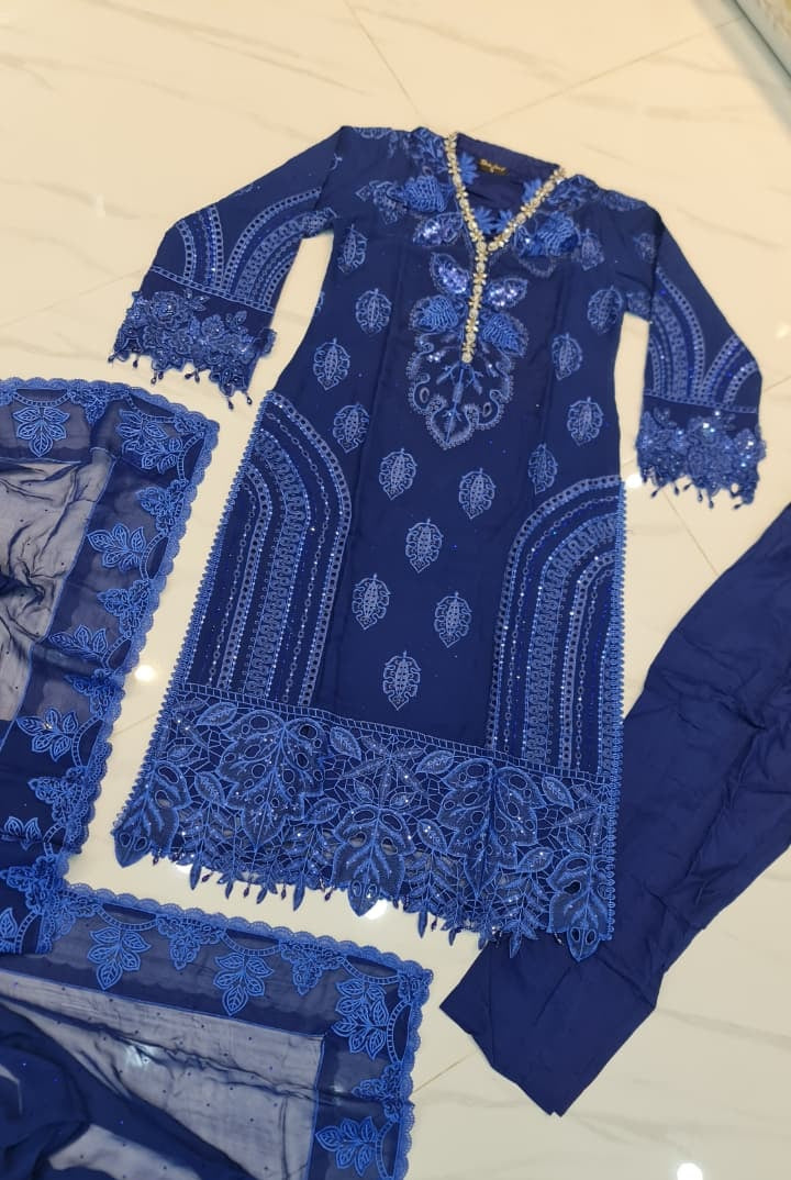 Pakistani women's royal blue chiffon straight shirt back view