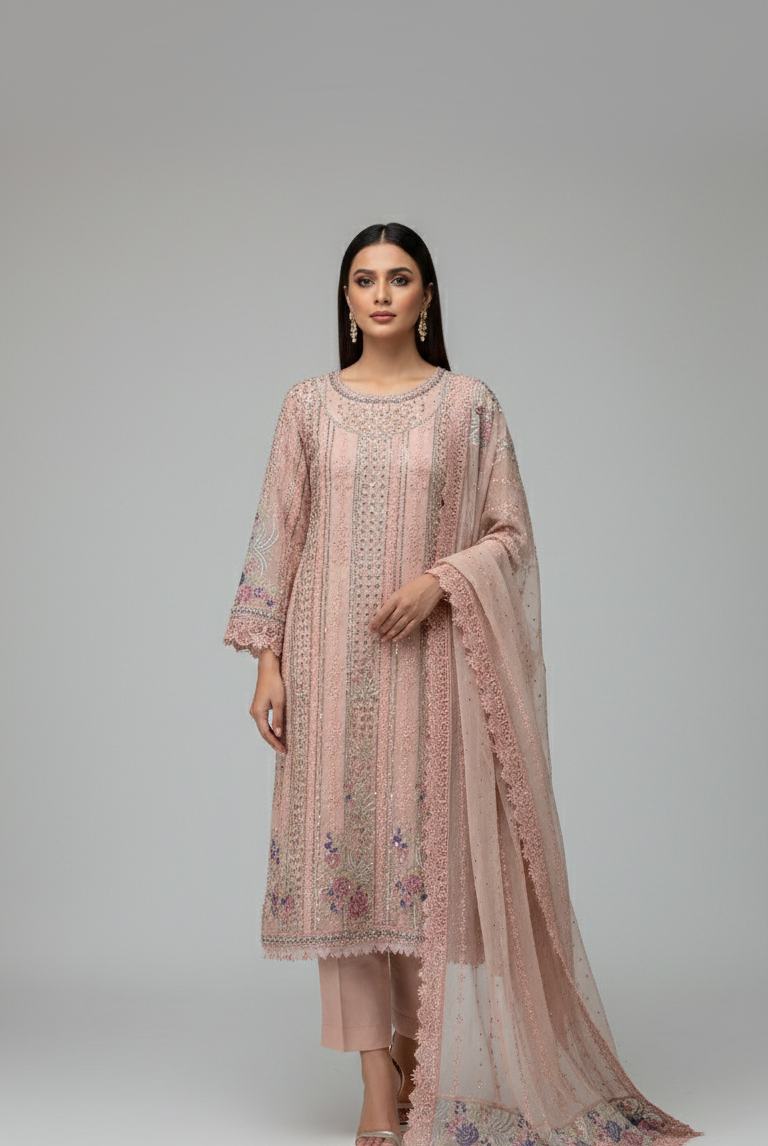 Chiffon straight shirt tea pink - Pakistani women's elegant formal wear with grip trouser and chiffon dupatta front view