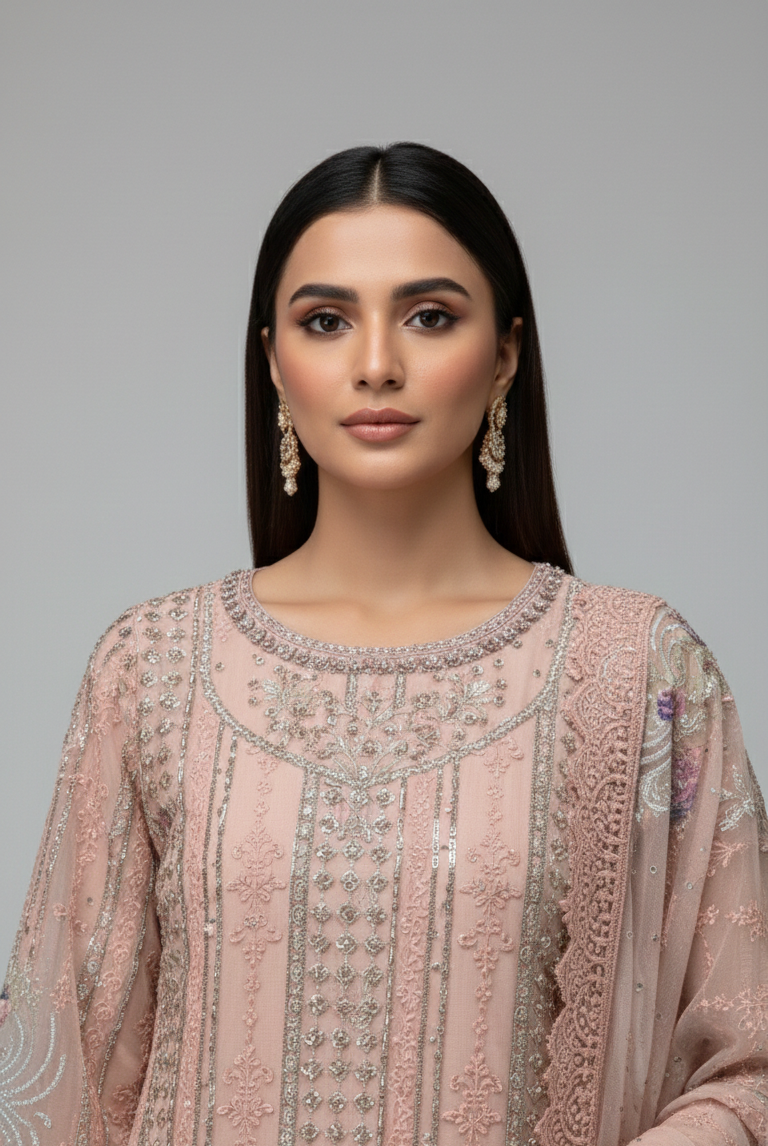 Tea pink chiffon Pakistani women's straight shirt side view