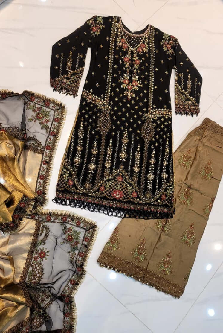ABL 4389 BLACK chiffon Pakistani women's shirt with viscose plazo back view