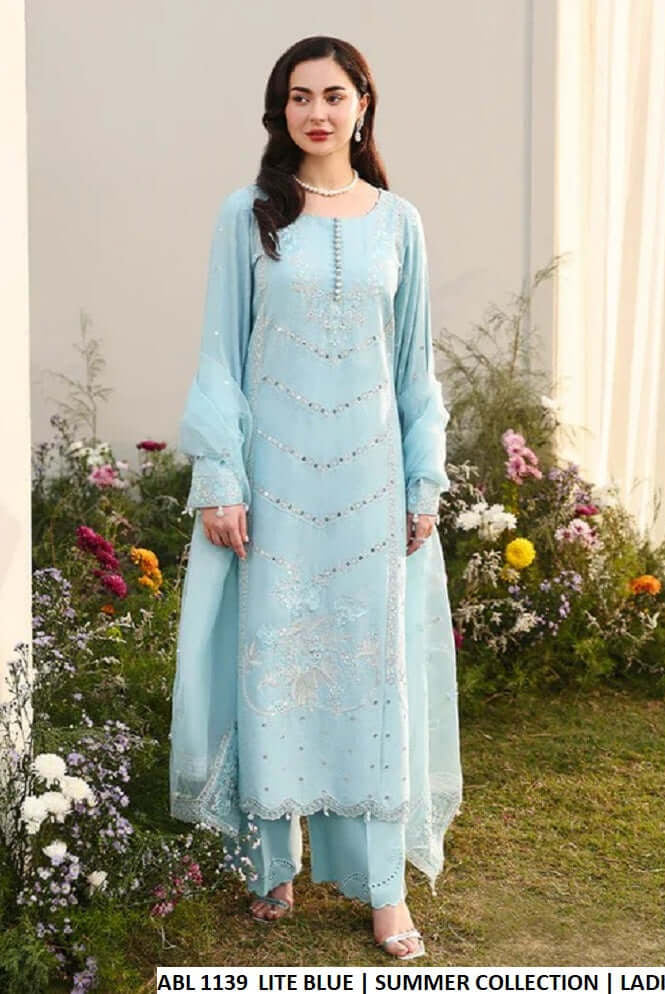 Cotton straight shirt bell shape trouser light blue - Pakistani women's casual outfit with organza dupatta front view