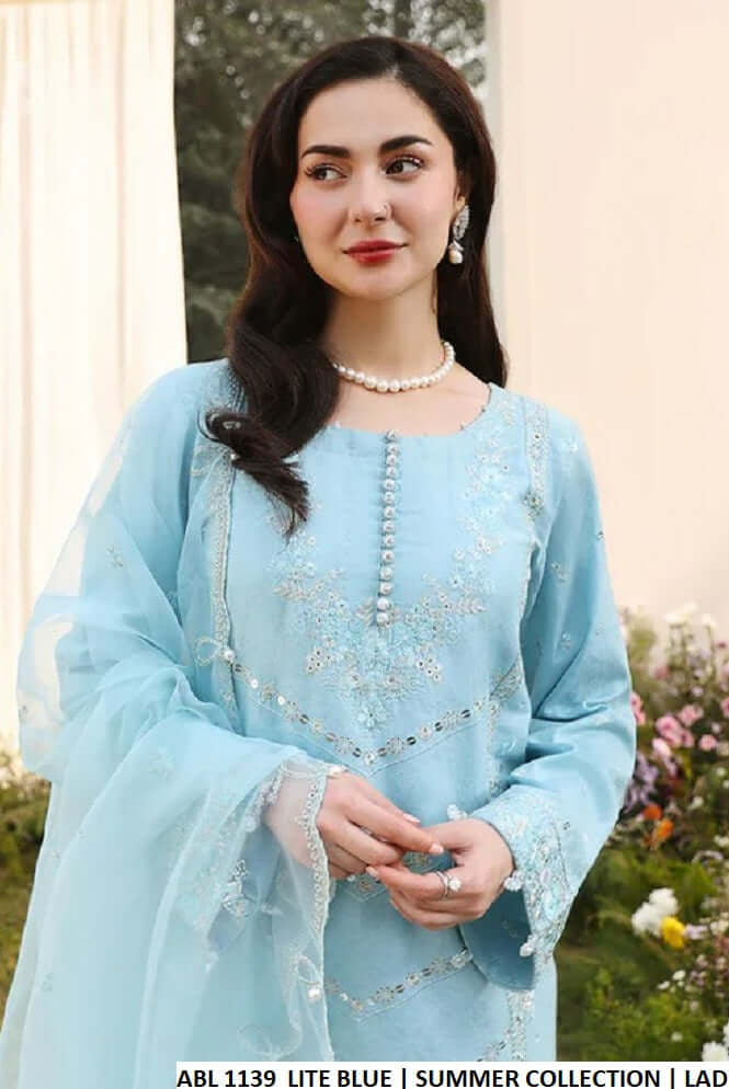 Light blue cotton Pakistani women's straight shirt with bell shape trouser side view