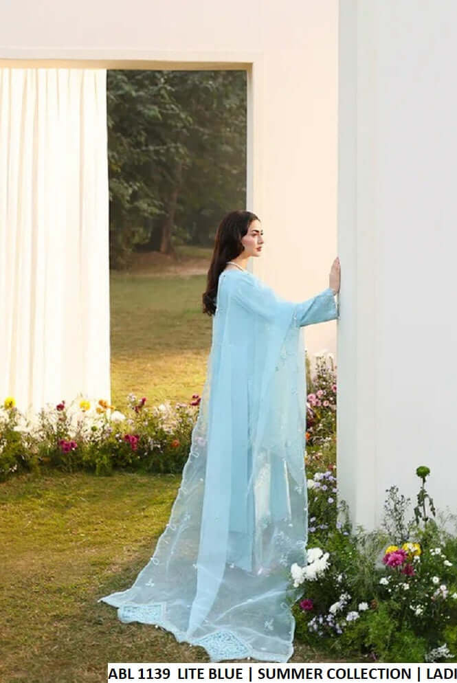 Pakistani women's light blue cotton straight shirt bell trouser detail view