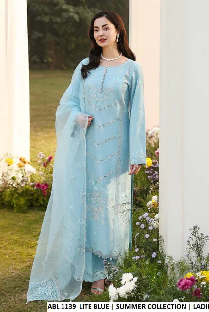 Pakistani women's light blue cotton straight shirt bell shape trouser back view