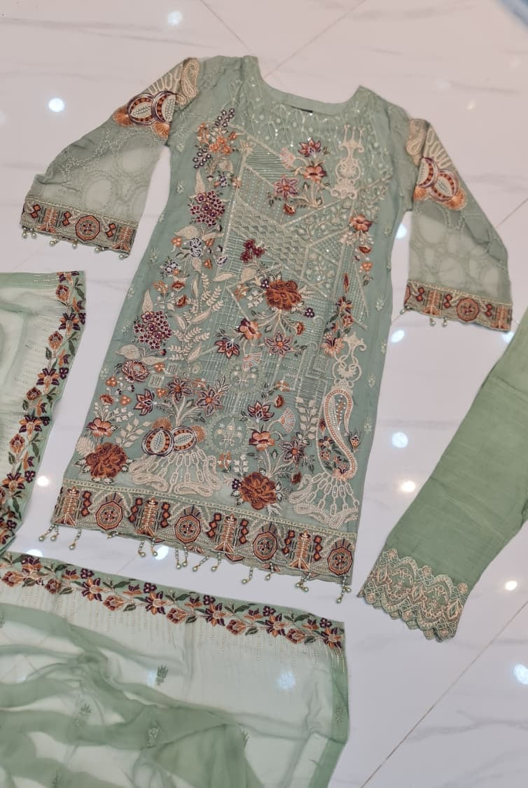 Chiffon straight shirt pista green - Pakistani women's elegant casual outfit with grip trouser and chiffon dupatta front view