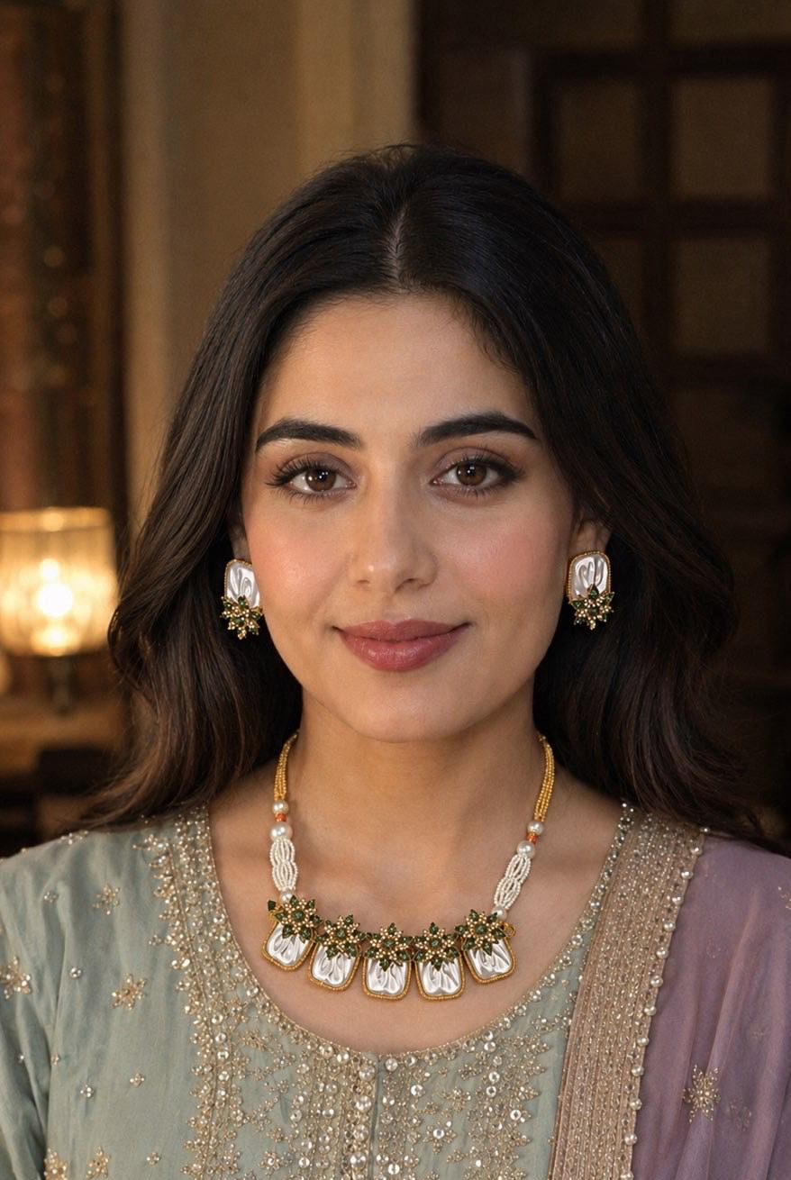 Emerald pearl statement necklace set JW260 - Pakistani women's luxury bridal jewelry with emerald green stones and pearl accents front view