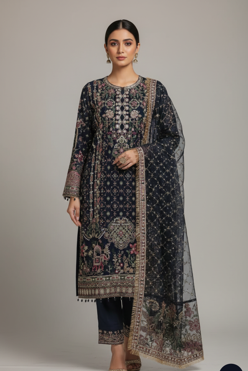 Chiffon straight shirt navy blue - Pakistani women's formal party wear with viscose trouser and organza dupatta front view