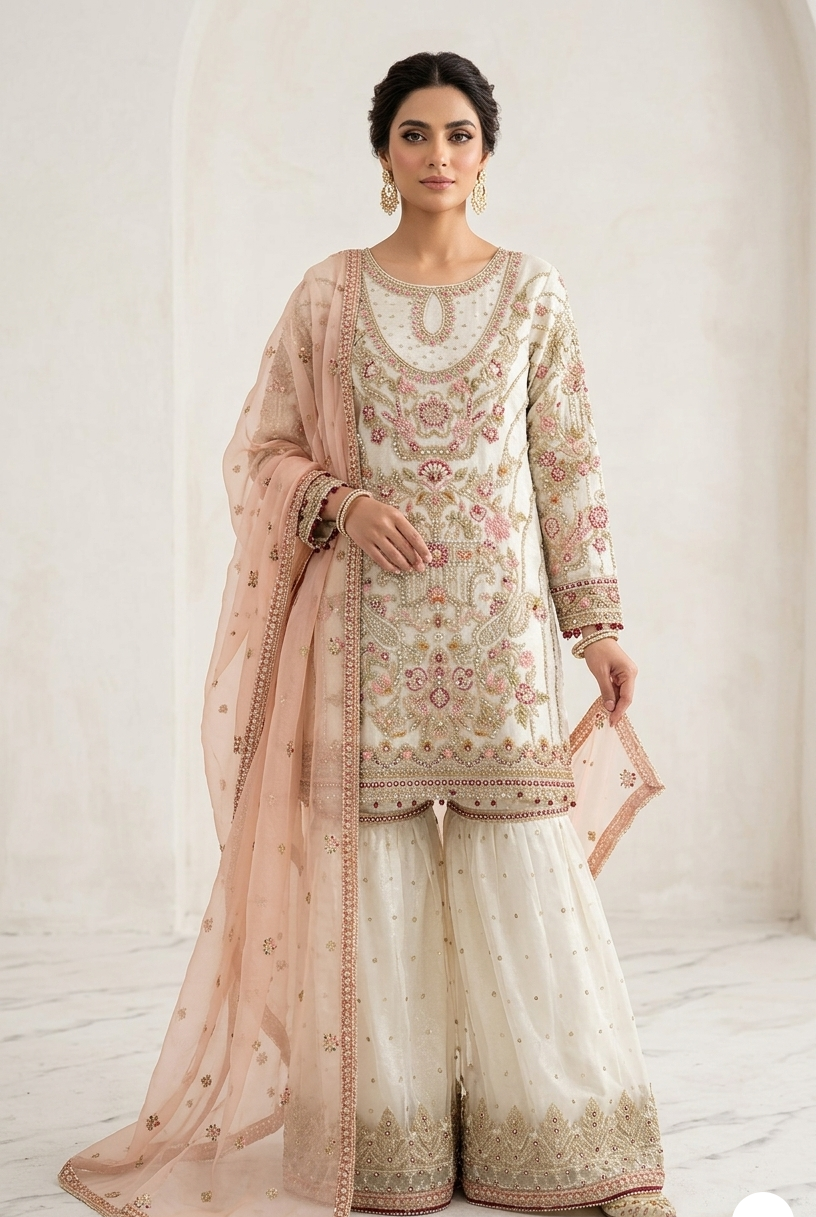 Organza straight shirt gharara off white - Pakistani women's festive party wear with viscose gharara and organza dupatta front view