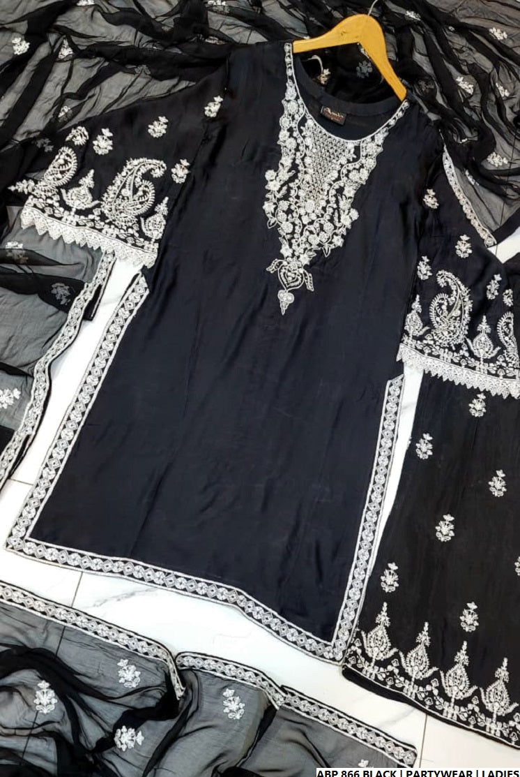 Pakistani women's black silk straight shirt back view
