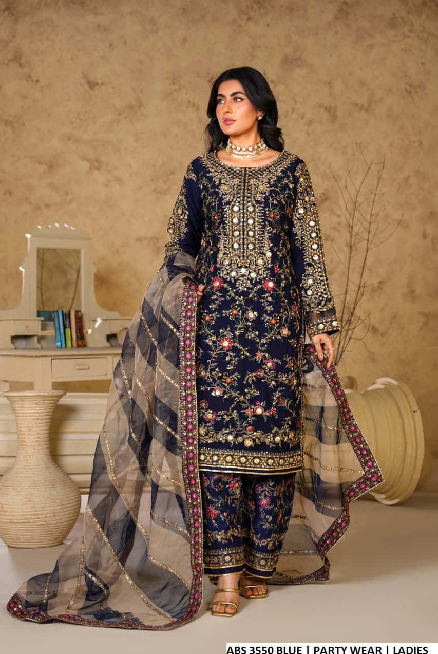 Chiffon straight shirt blue - Pakistani women's elegant formal wear with viscose trouser and organza dupatta front view