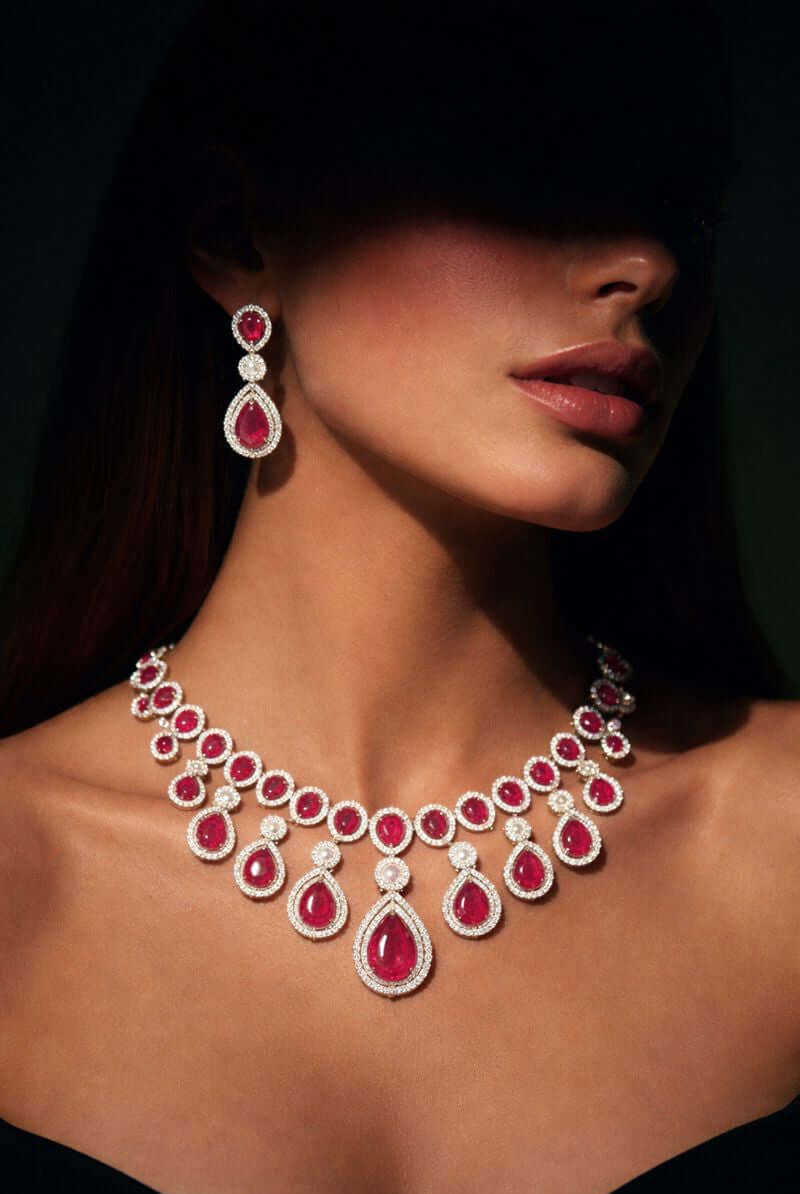 Ruby teardrop luxury necklace set 1 carat - Pakistani women's bridal formal jewelry with deep ruby red stones front view
