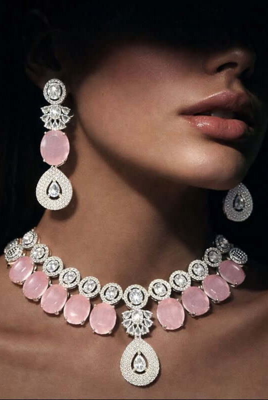 Blush royale statement set 1 carat - Pakistani women's luxury bridal jewelry with blush pink stones and zircon halos front view