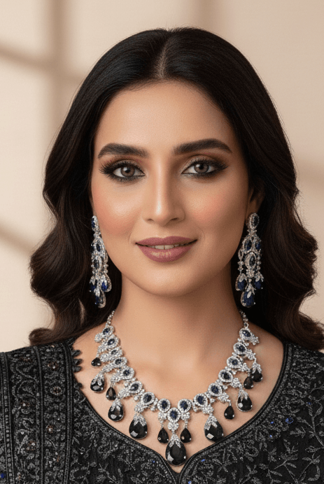 Pakistani women's midnight blue drop necklace set detail view
