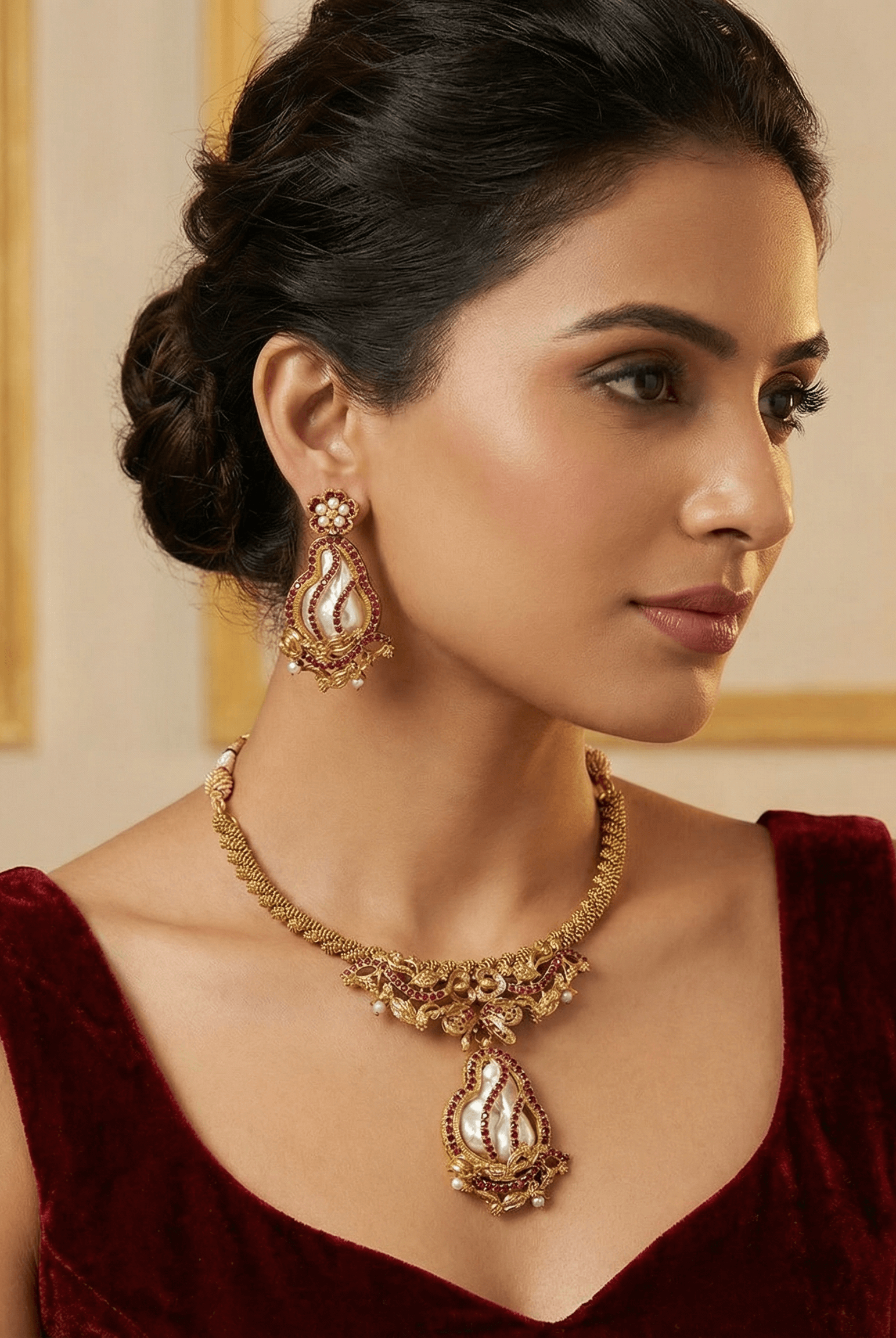 Heritage ruby pearl maharani necklace set - Pakistani women's luxury bridal jewelry with flame shaped pearl and antique gold detailing front view