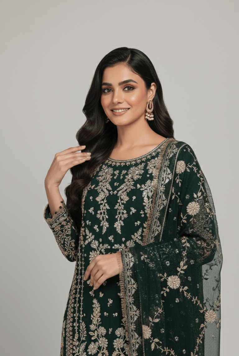 Chiffon straight shirt bottle green - Pakistani women's party wear with viscose trouser and chiffon dupatta front view