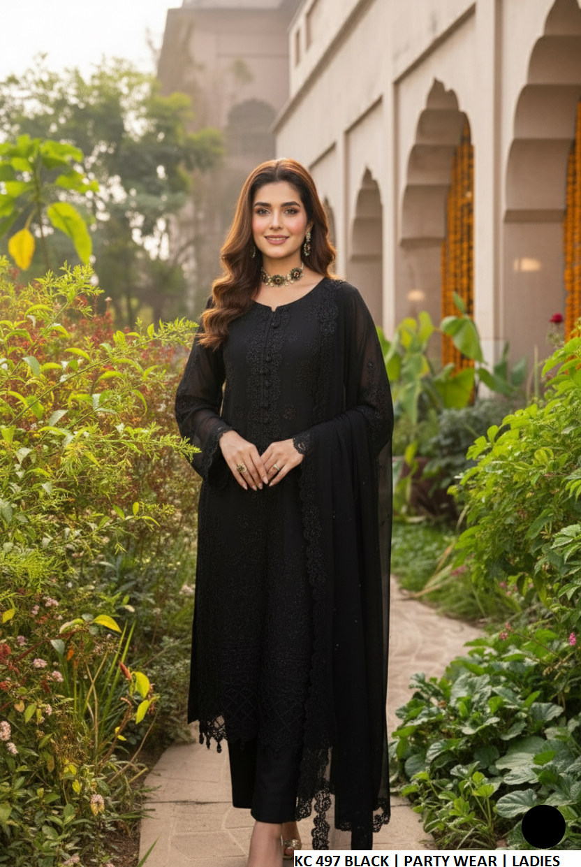 Pakistani women's black silk long A-Line shirt plazo back view