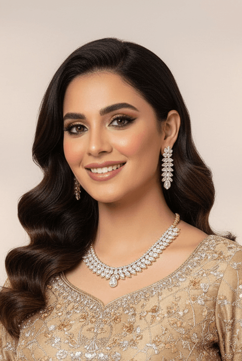 Crystal leaf necklace set - Pakistani women's elegant formal jewelry with crystal leaf design and gold tone finish front view
