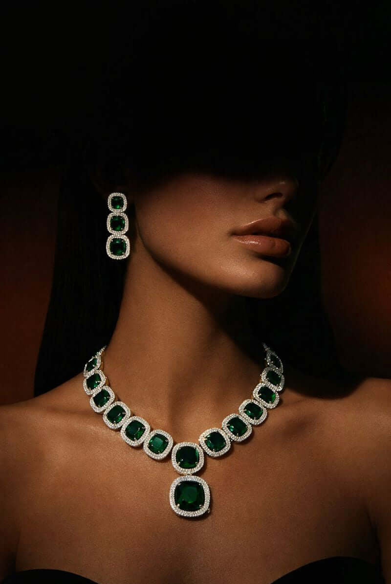 Pakistani women's royal sapphire statement necklace set side view